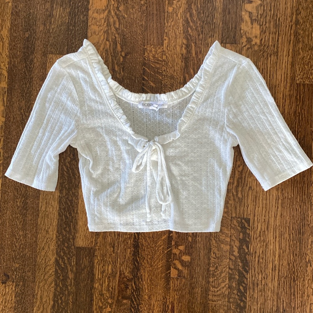 Womens BCBG Maxazria Ruffle Crop Top Shirt Ivory Sz S